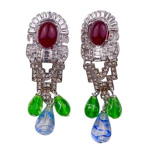 Ciner signed red cabochon green white art glass beads crystal  clip earrings